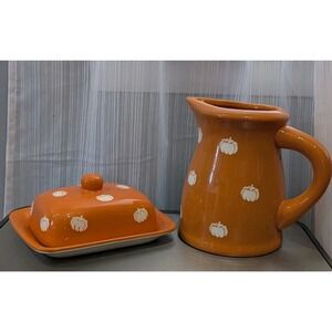 Terramoto‎ Ceramic Orange & White Pumpkins Autumn Fall Pitcher And Butter Dish